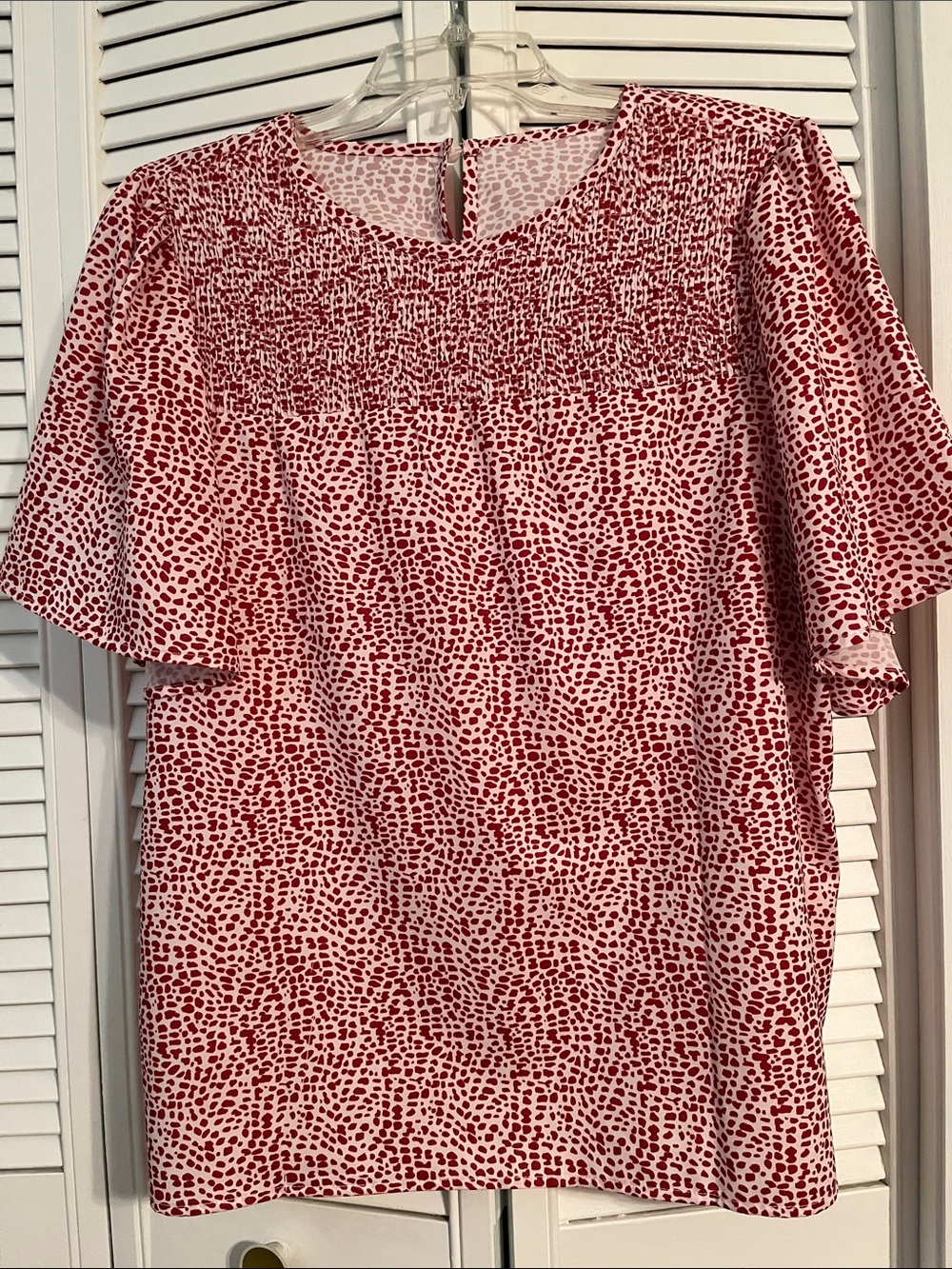Smocked Yoke Flutter Sleeve Blouse in Pink and Red Spot Print